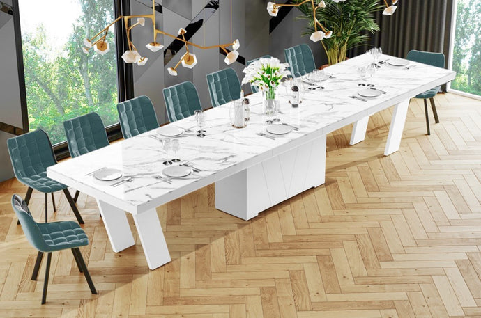 Dining Set ALETA 11 pcs. modern glossy marble/ white Dining Table with 10 chairs