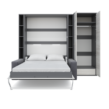 Load image into Gallery viewer, Vertical European FULL size Murphy Bed Invento with a Sofa, two Shelves and Wardrobe