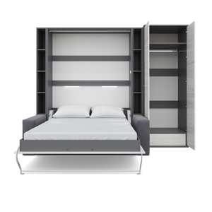 Vertical European FULL size Murphy Bed Invento with a Sofa, two Shelves and Wardrobe