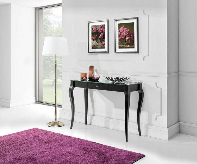 Black Glass Top Console Table BRESSO with Drawer