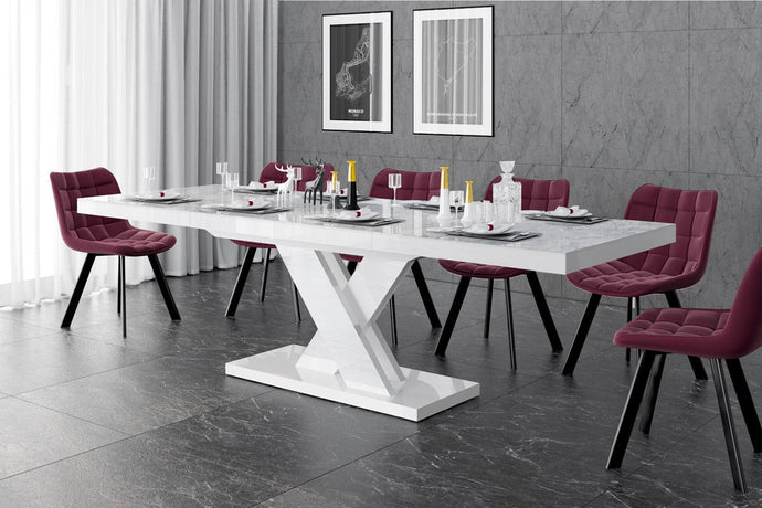 Dining Set XENNA, Marble/ White Dining table with 6 Red Chairs