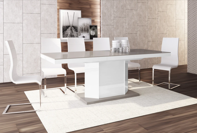 Dining Set DIEGO Beige/ White modern glossy Dining Table with 2 extensions plus 6 White chairs