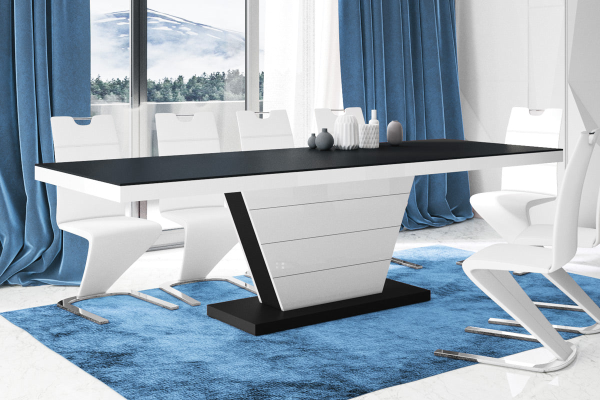 Dining Set MEGA 7 pcs. black/white modern Dining Table with 2 self-storing leaves plus 6 white chairs