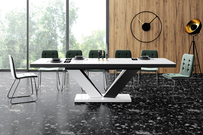 Dining Set AVIVA II 7 pcs. white/ black modern glossy Dining Table with 2 self-starting leaves plus 6 chairs