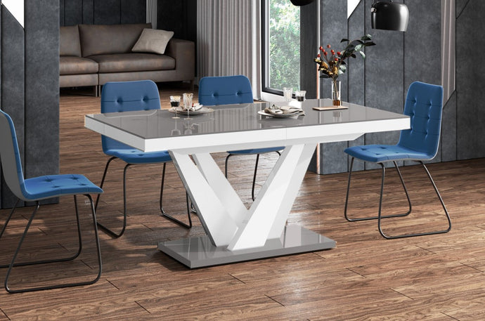 Dining Set CHARA 7 pcs. gray/white modern glossy Dining Table with 2 self-storing leaves plus 6 chairs