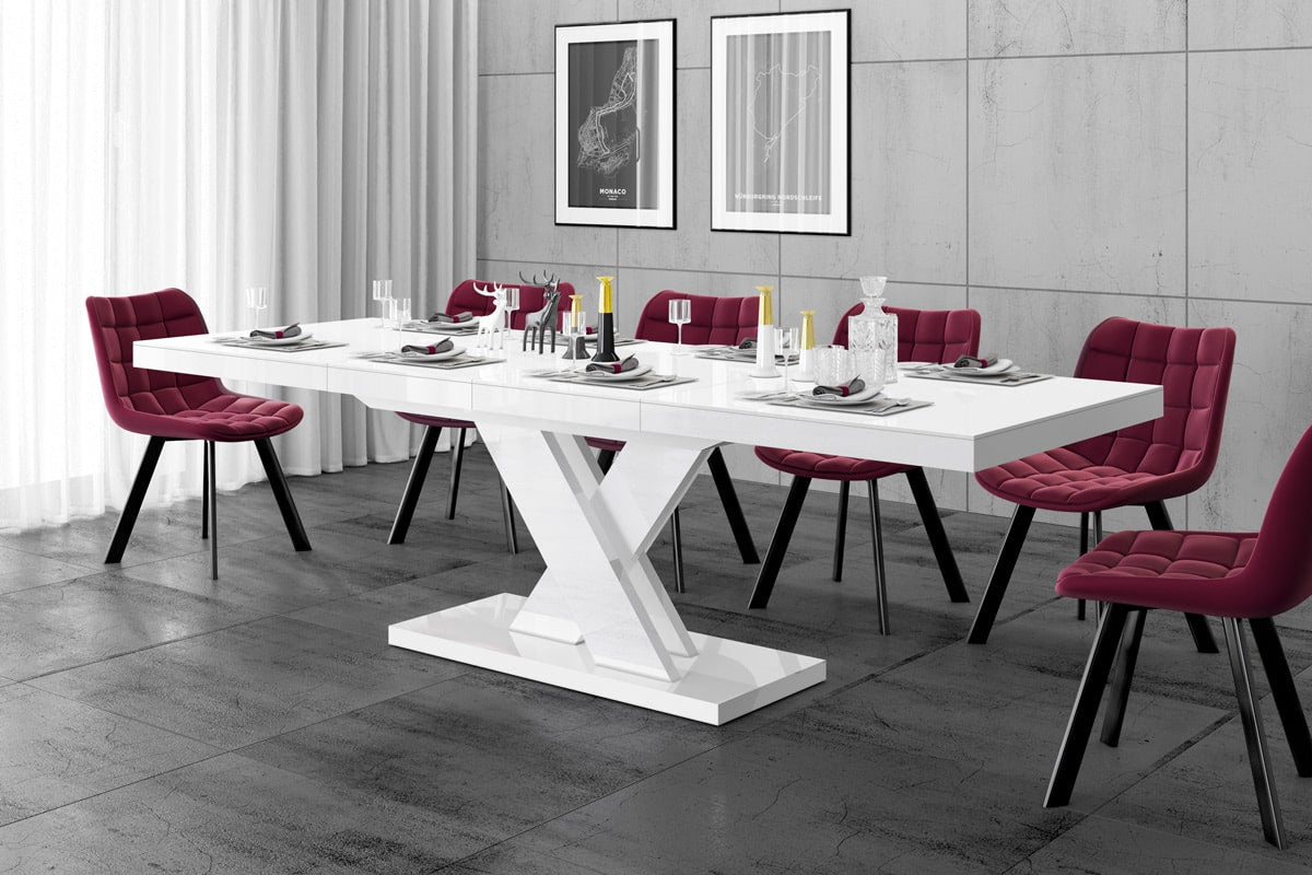 Dining Set XENNA, White Dining table with 6 red Chairs