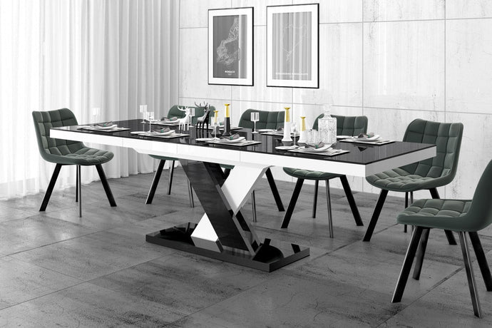 Dining Set XENNA, Black/ White Dining table with 6 Green Dining chairs