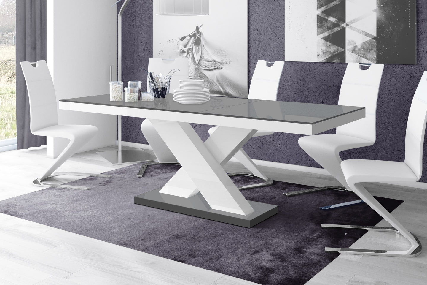 DINING SET XENA GRAY/WHITE MODERN GLOSSY DINING TABLE + 6 WHITE FAUX LEATHER CHAIRS