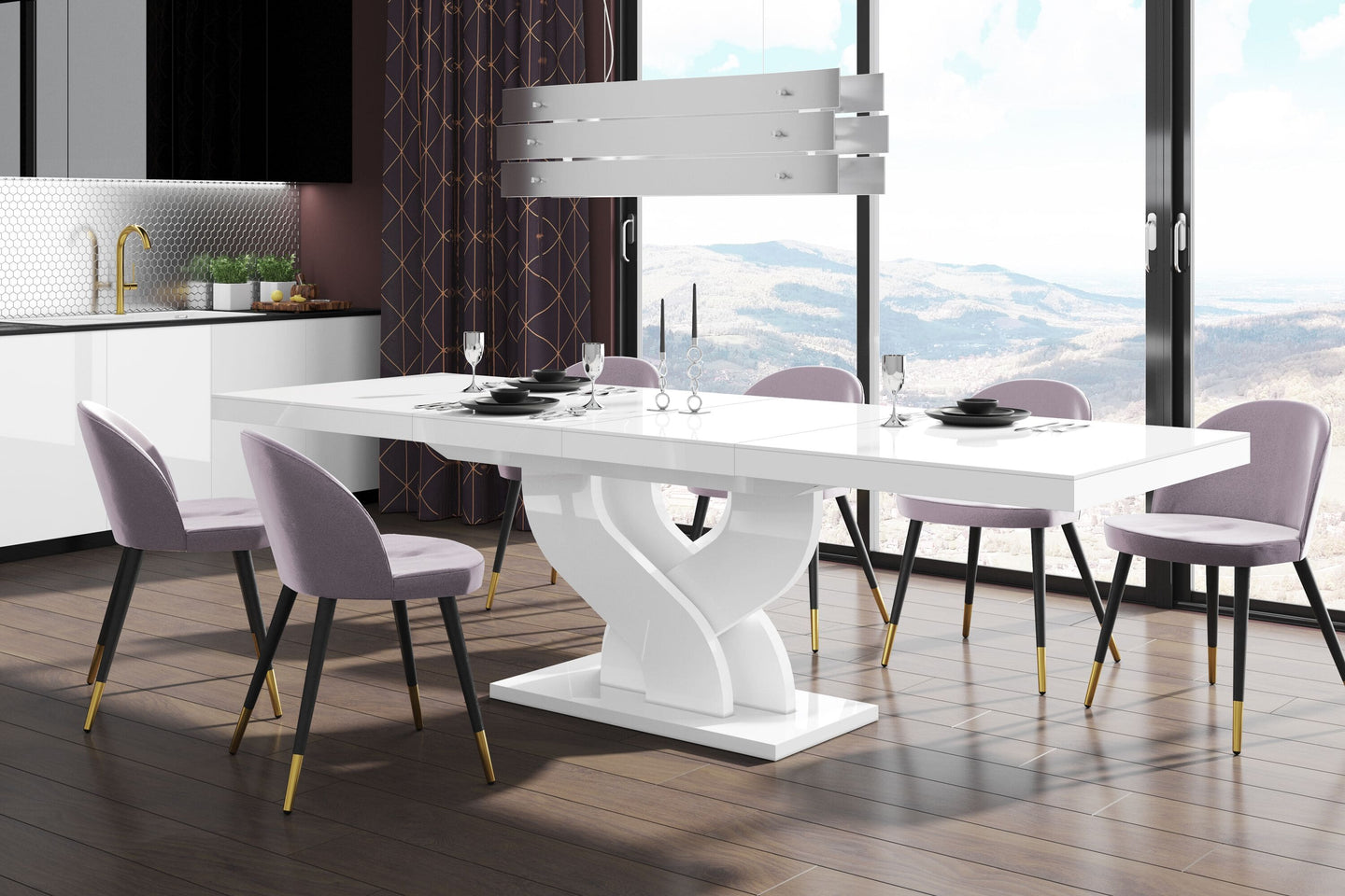 Modern glossy Dining Table BELLA with 2 self-starting leaves